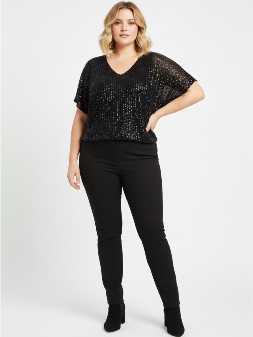 Loft Women’s Black Short Sleeve V-Neck Sequin Top